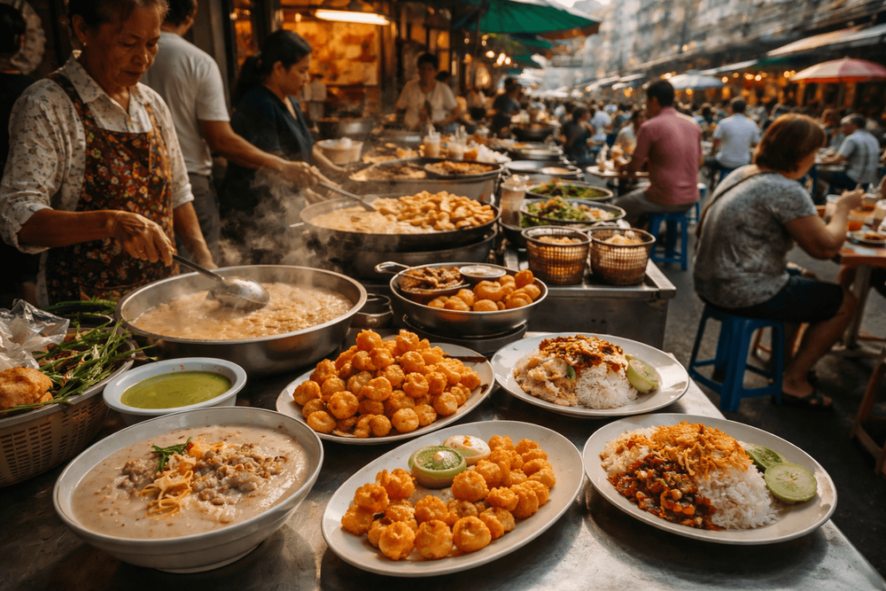 Bangkok Street Food for Breakfast Classics Near Khao San Road: Congee, Pa Thong Ko, Omelets, and Rice Dishes