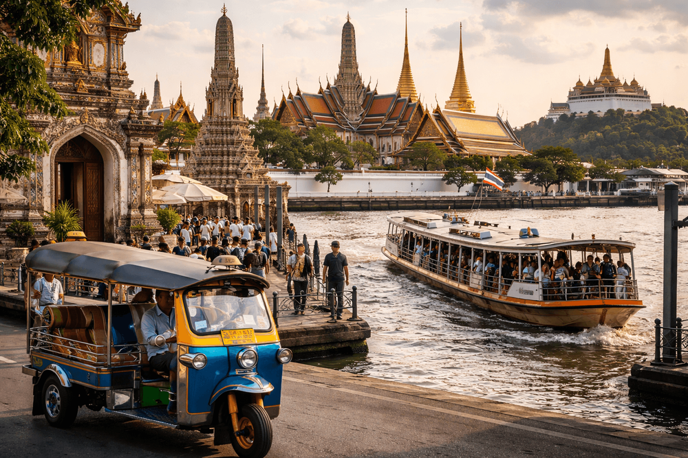 Bangkok Temple Run with a Tuk-Tuk and Ferry: The Fastest Mixed-Transport Loop to Wat Pho, the Grand Palace, and Golden Mount from Khao San Road
