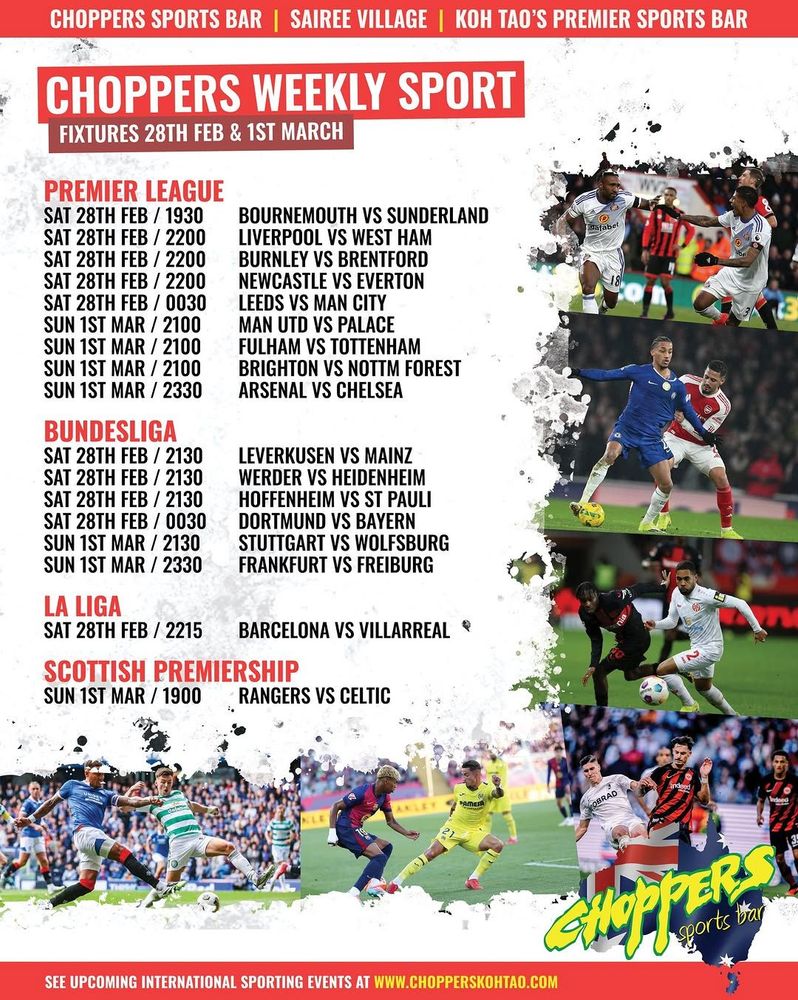 Weekend Live Sports Fixtures at Choppers Sports Bar