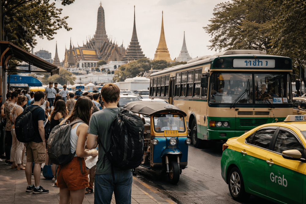 How to Get from Khao San Road to Wat Pho, the Grand Palace, and Golden Mount by Bus, Taxi, Grab, and Ferry