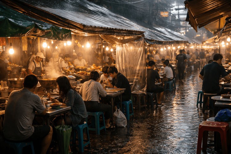 Bangkok Street Food for Rainy Season Nights: Covered Stalls, Indoor Markets, and Wet-Weather Eating Tips