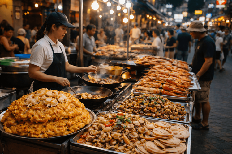 Bangkok Street Food for Seafood Lovers Near Khao San Road: Crab Omelets, Grilled Prawns, and Stir-Fried Shellfish