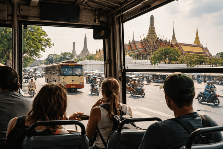 Bangkok Temple Run by Public Bus and Walk from Khao San Road: Cheapest Overland Route to Wat Pho, the Grand Palace, and Golden Mount